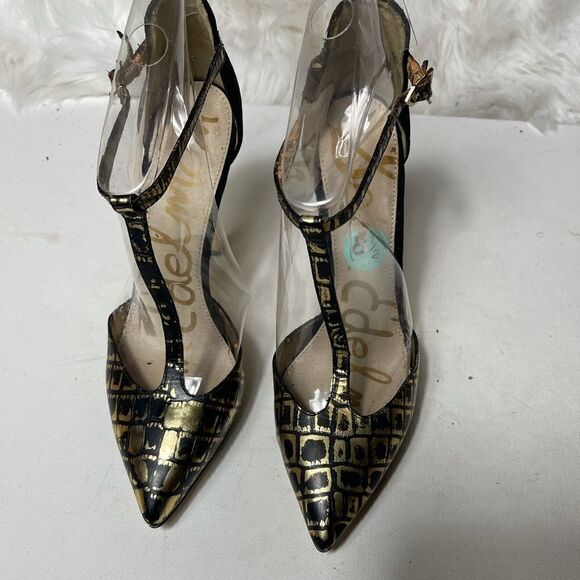Sam Edelman leather gold &blackT strap shoes SZ8.5 - Picture 2 of 6